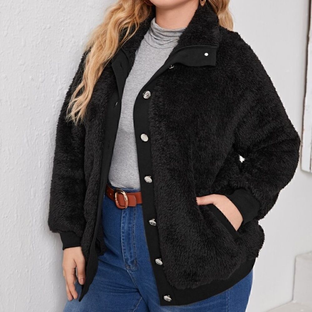 NEW! Super soft and warm PLUS Size Black Fuzzy Teddy Coat Jacket Button Front - Picture 3 of 5